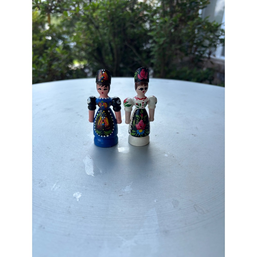 Vintage Hungarian Hand Painted Wooden Folk Art Dolls Set of 2 Floral Matyo Style